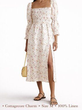 Reformation Hyland Linen Midi Dress Floral Smocked Puff Cottagecore Size M